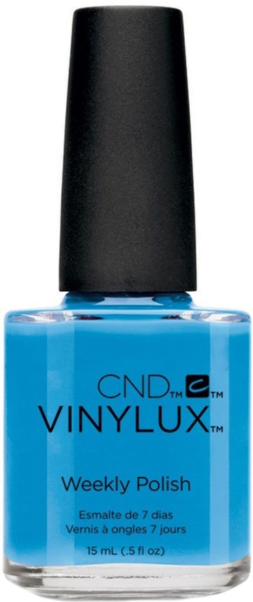 Blå nagellackflaska med svart lock och texten CND VINYLUX Weekly Polish.