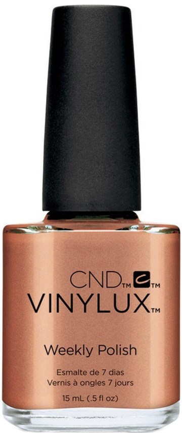 En flaska med CND VINYLUX nagellack i en brunaktig färg med svart lock.