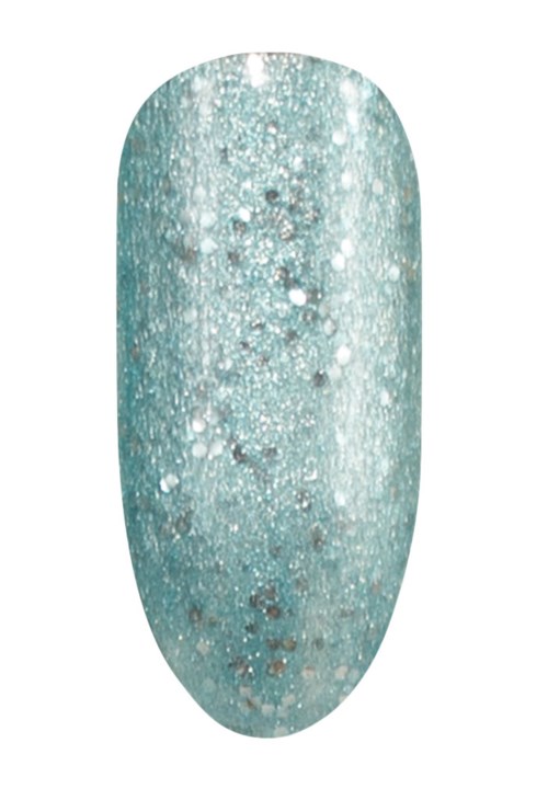 En turkos nagel med glitter, glänsande och glittrig yta, rund form, dekorativ och färgglad.