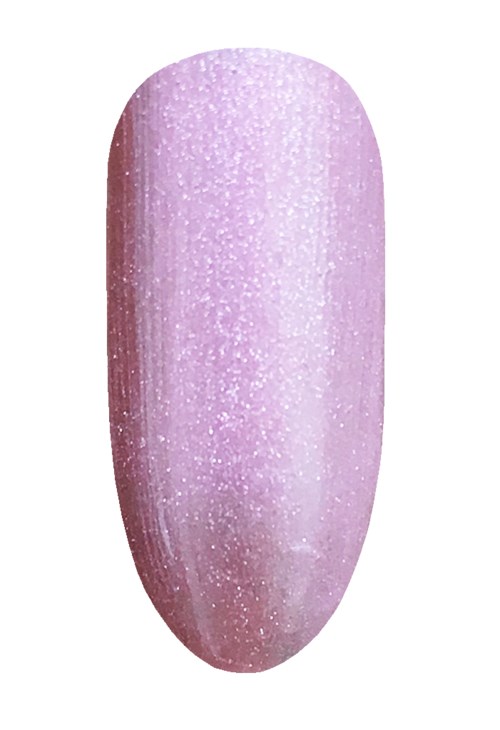 Ett rosa, glitterigt nagellacksprov med en slät, oval form.