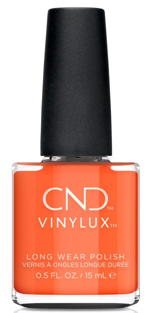 En flaska med orange nagellack med svart lock, märkt CND VINYLUX, långvarig formel.