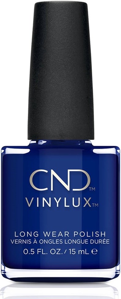 Blå nagellackflaska med svart lock, märkt 'CND VINYLUX', lång hållbarhet.
