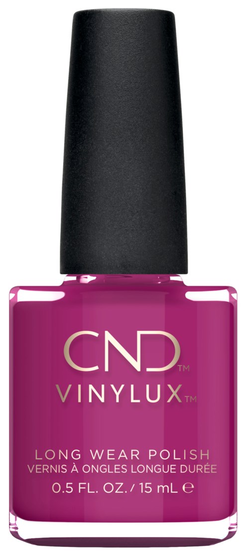 Rosa nagellack i flaska med svart lock, märkt CND VINYLUX, för långvarigt användande.