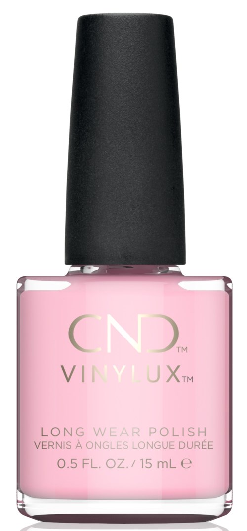 En flaska ljusrosa nagellack med svart lock, märkt CND Vinylux Long Wear Polish.