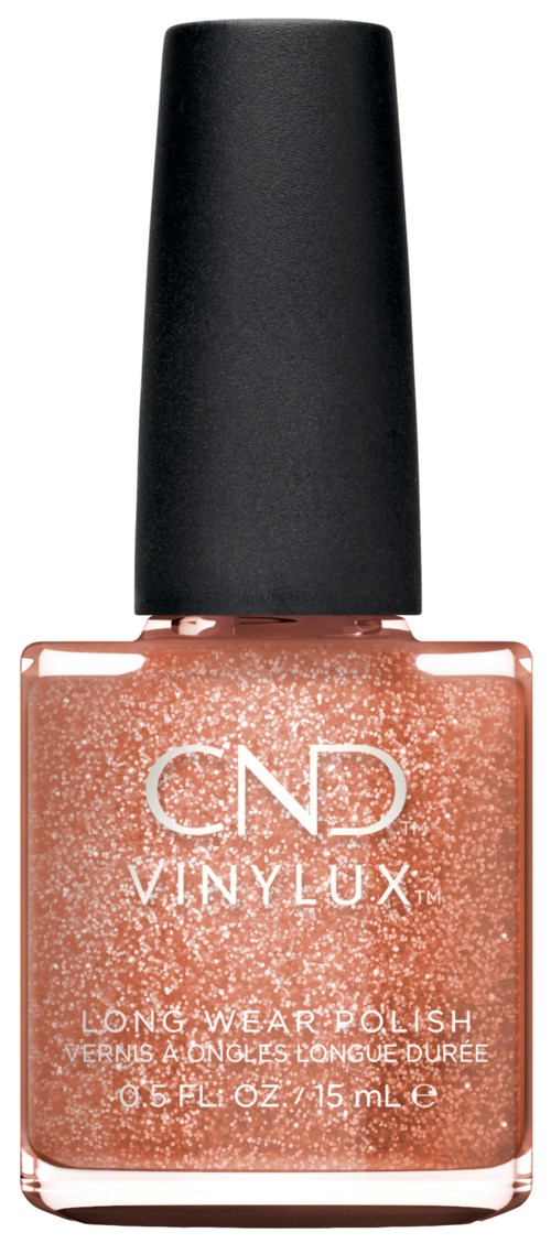 En peppelfärgad nagellackflaska med svart lock och vit text, märkt CND VINYLUX, Long Wear Polish.