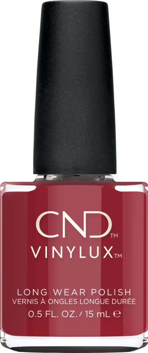 Butelka lakieru do paznokci CND Vinylux o długotrwałym kolorze czerwonym z czarnym korkiem.