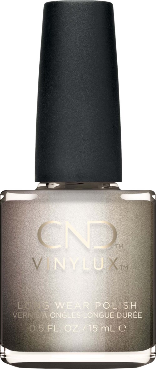 En flaska CND Vinylux nagellack med svart lock och beige färg.