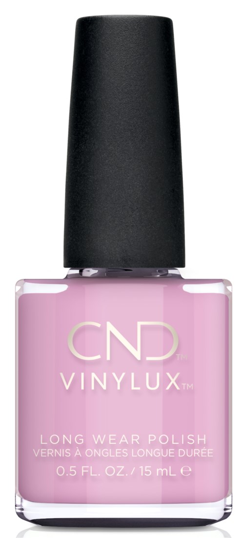 Nagellacksflaska i rosa med svart lock, märkt CND VINYLUX Long Wear Polish, 0,5 fl oz.