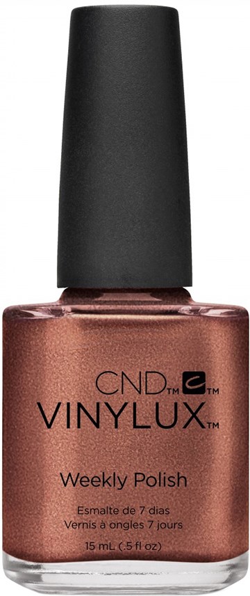 En nagellackflaska i metalliskt roseguld med svart kork. Märket är CND VINYLUX, veckans lack.