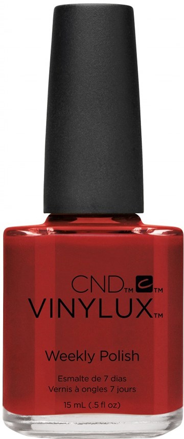 Röd nagellackflaska med svart lock, märkt 'CND VINYLUX Weekly Polish'.