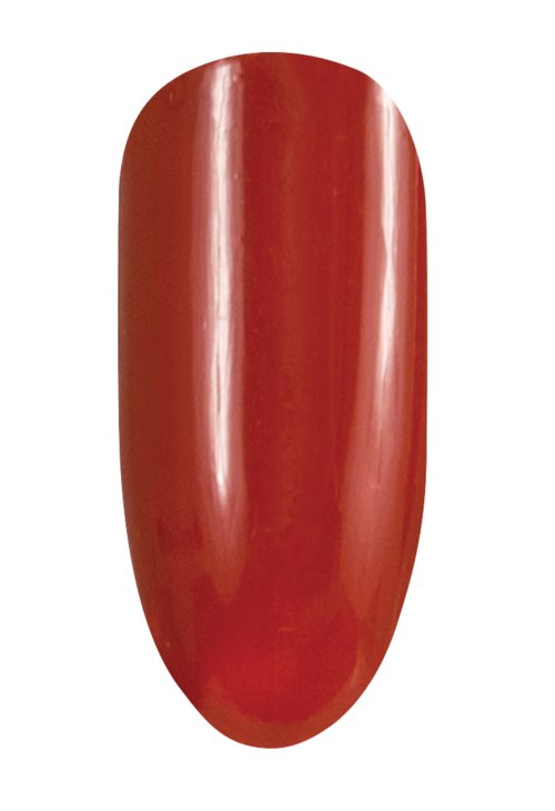 Ett rött nagellack på en enda, slät, oval nagel. Inga mönster eller dekorationer syns.