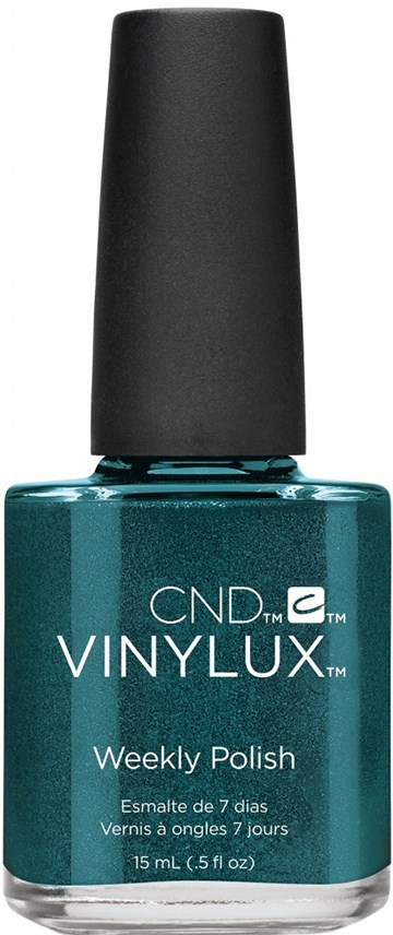 Tealblå nagellackflaska med svart lock, märkt 'CND Vinylux Weekly Polish' för 7 dagar.