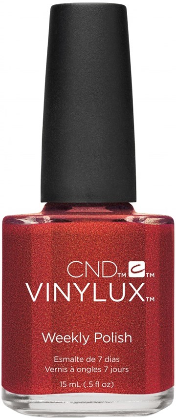 En röd flaska med CND Vinylux weekly nagellack med svart lock.