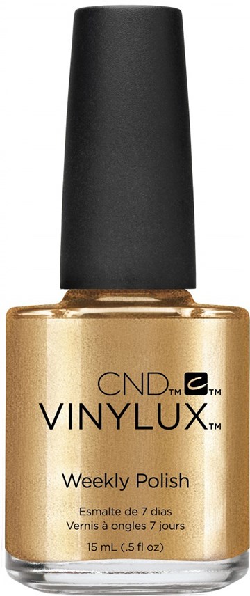 En flaska med gyllene nagellack med svart lock, märkt 'CND Vinylux Weekly Polish' för veckobruk.