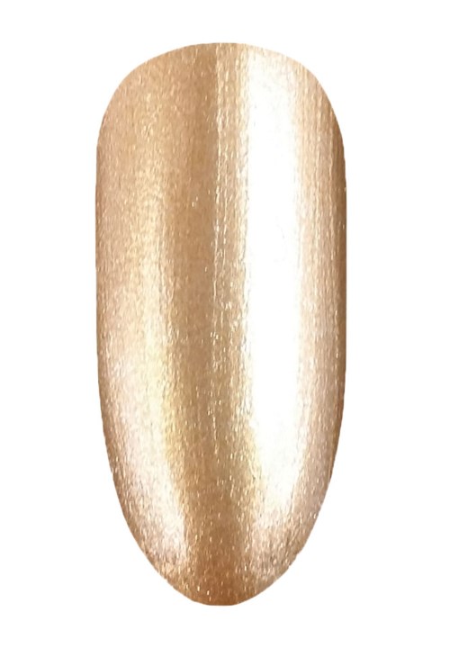 En enda, glänsande, guldfärgad nagellackspenseld på vit bakgrund.