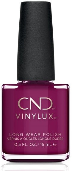 En flaska med CND Vinylux långvarigt nagellack i en djup lila färg med svart lock.