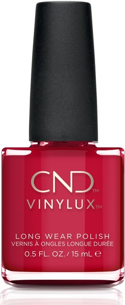 Röd nagellackflaska med svart lock, märkt CND Vinylux Long Wear Polish.