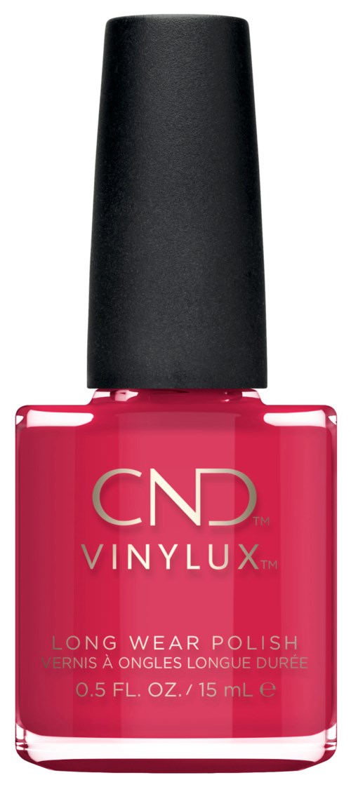 En flaska rosa nagellack med svart lock märkt 'CND VINYLUX' för långvarigt slit.