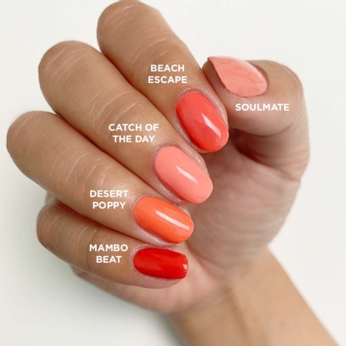 Fem olika nagellacksfärger med namn: Beach Escape, Soulmate, Catch of the Day, Desert Poppy, Mambo Beat.