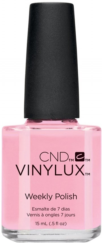 En liten rosa nagellackflaska med svart lock, märkt 'CND VINYLUX Weekly Polish.'