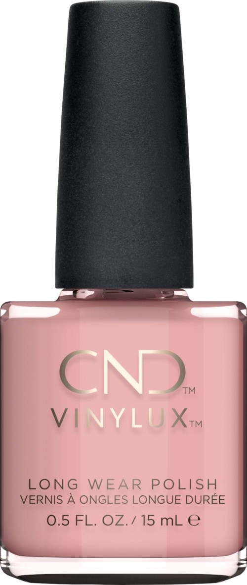 Een roze nagellakfles met zwarte dop, gemarkeerd CND Vinylux Long Wear Polish, 15 mL.