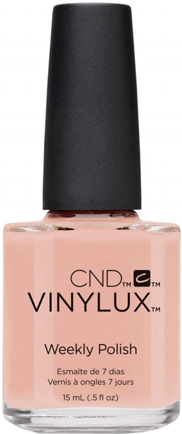 Różowa butelka lakieru do paznokci z czarnym caps, oznaczona "CND VINYLUX Weekly Polish."