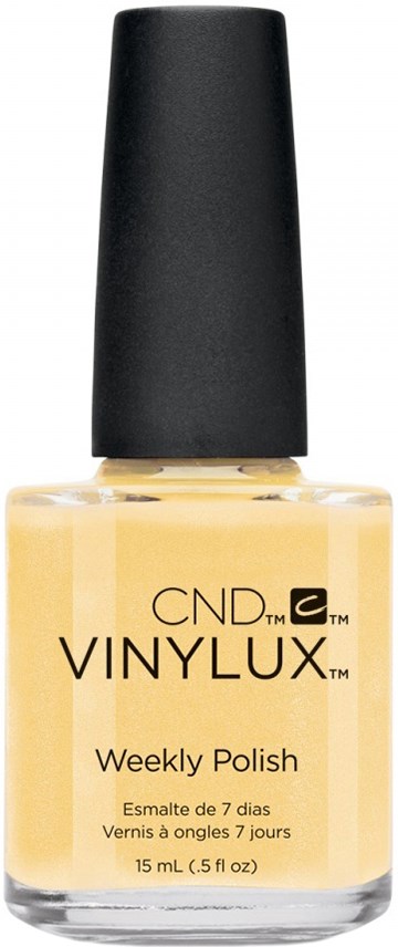 En flaska med gult nagellack med svart kork, märkt CND VINYLUX, Weekly Polish, 15 mL.