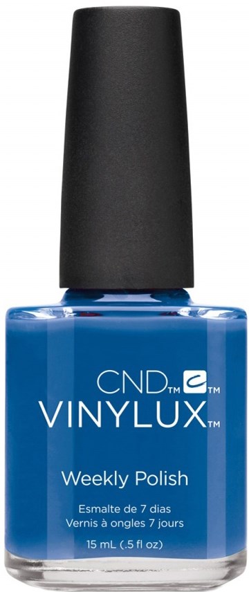 Blå nagellackflaska med svart lock, märkt 'CND Vinylux Weekly Polish'.