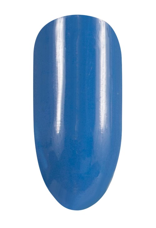 En blå nagellack med en glänsande finish på en rund nagel. Enkelt, glatt och lysande yta.
