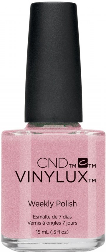 Ljusrosa nagellackflaska med svart lock, markerad CND VINYLUX Weekly Polish.