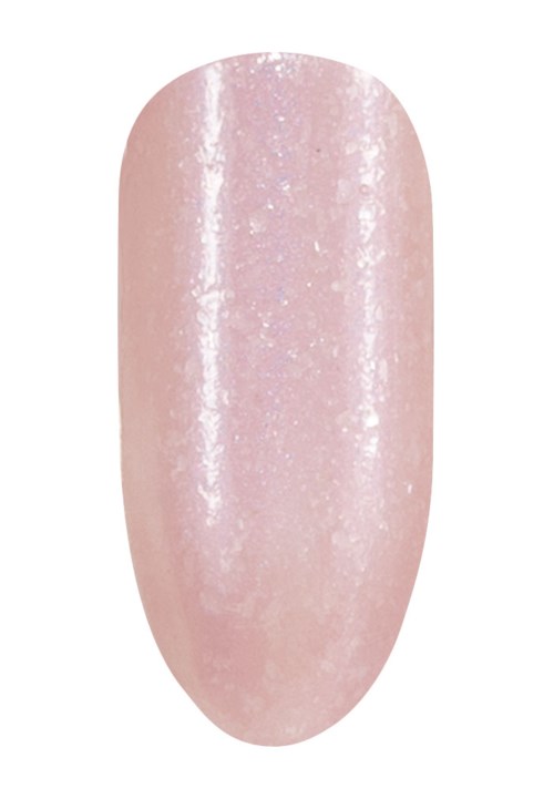 Närbild av ett rosa, glänsande och lite texturerat nagellack på en nagel.