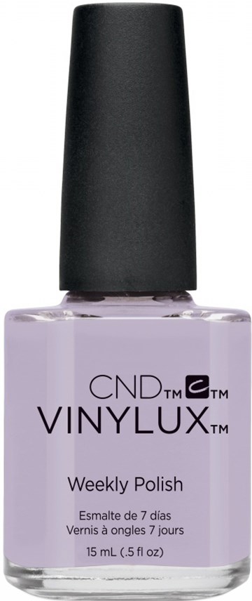 En ljuslila nagellackflaska med svart lock. Det står CND VINYLUX Weekly Polish.