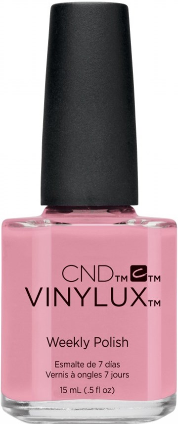 En rosa flaska med CND Vinylux nagellack för veckovis användning med svart lock.