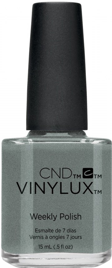 Grå nagellackflaska med svart kork, märkt 'CND Vinylux Weekly Polish'.