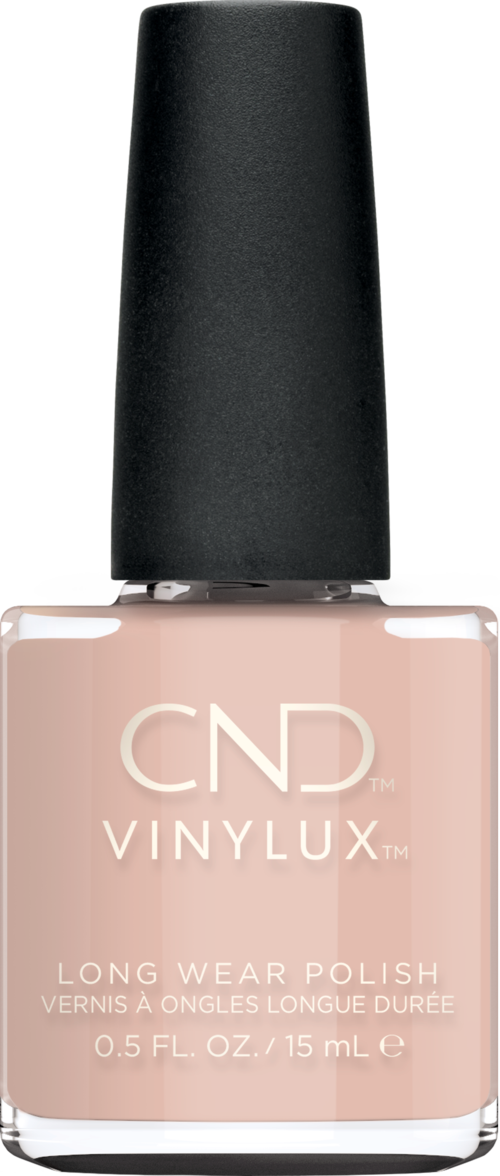 Butelka jasnoróżowego lakieru do paznokci z czarnym zakrętkiem, oznaczone 'CND VINYLUX' na długotrwałe noszenie.