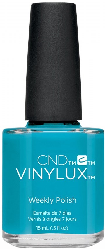 Blå nagellackflaska med svart kork, märkt CND VINYLUX Weekly Polish.