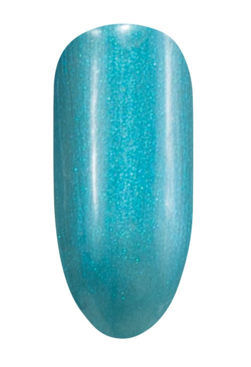 En blå, glänsande nagel med glitter, visar ett slätt, runt form med en glänsande yta.