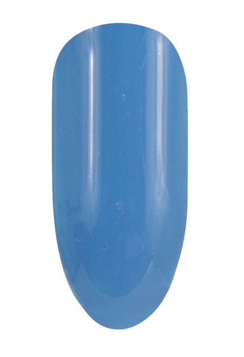 A blue, glossy, oval-shaped nail polish swatch.