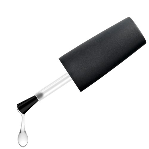 This is a black dropper bottle with a clear glass tube and a drop of liquid coming out.