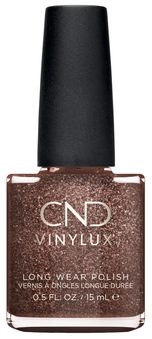 En liten flaska med brunt nagellack och svart lock. Etiketten säger "CND VINYLUX" och "Long Wear Polish."