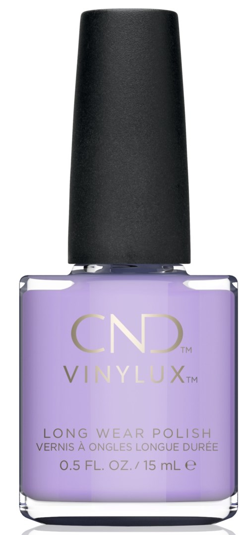 En flaska ljuslila nagellack med svart lock, märkt 'CND Vinylux Long Wear Polish'.