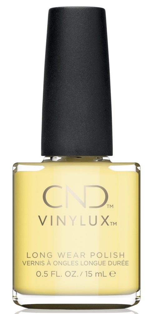 En flaska med CND VINYLUX långvarig nagellack, gul färg, med svart lock.