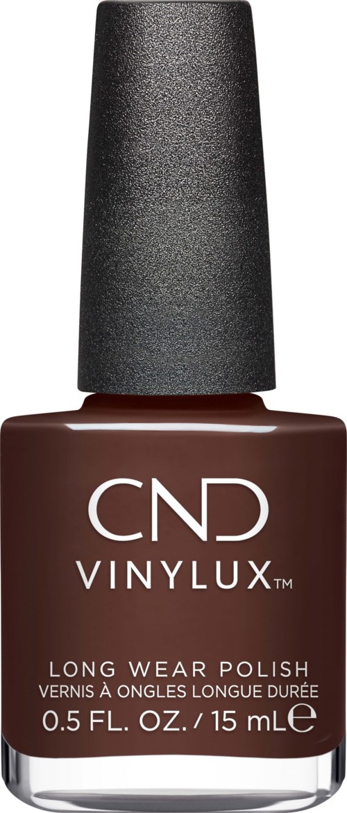 En flaska med CND Vinylux nagellack i mörkbrunt med svart locket.
