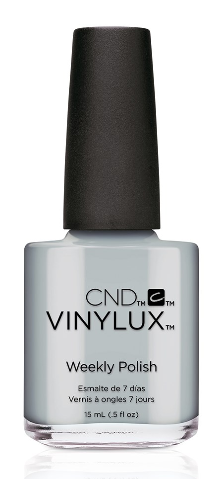 butelka lakieru CND Vinylux na tydzień, biały kolor, czarny zakrętak, prosty etykiet.