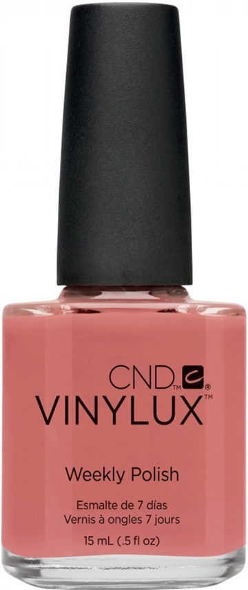 En flaska med rosa nagellack med svart kork, märkt 'CND Vinylux Weekly Polish', 15 mL storlek.