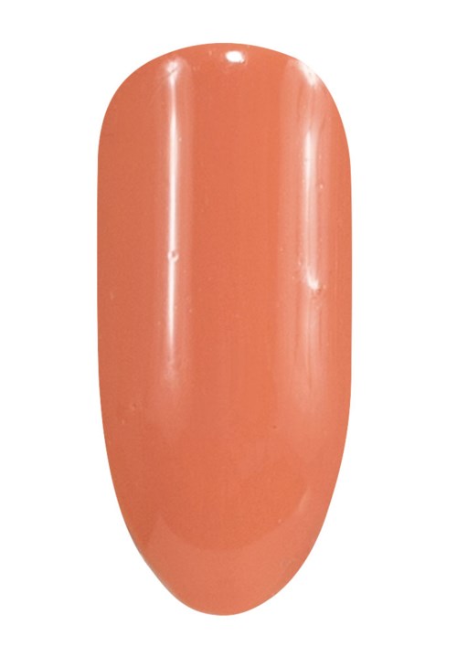 En peach-färgad, glänsande, oval formad nagel med slät yta.