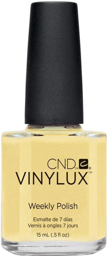 En liten flaska med gul nagellack med svart lock, märkt CND VINYLUX Weekly Polish.