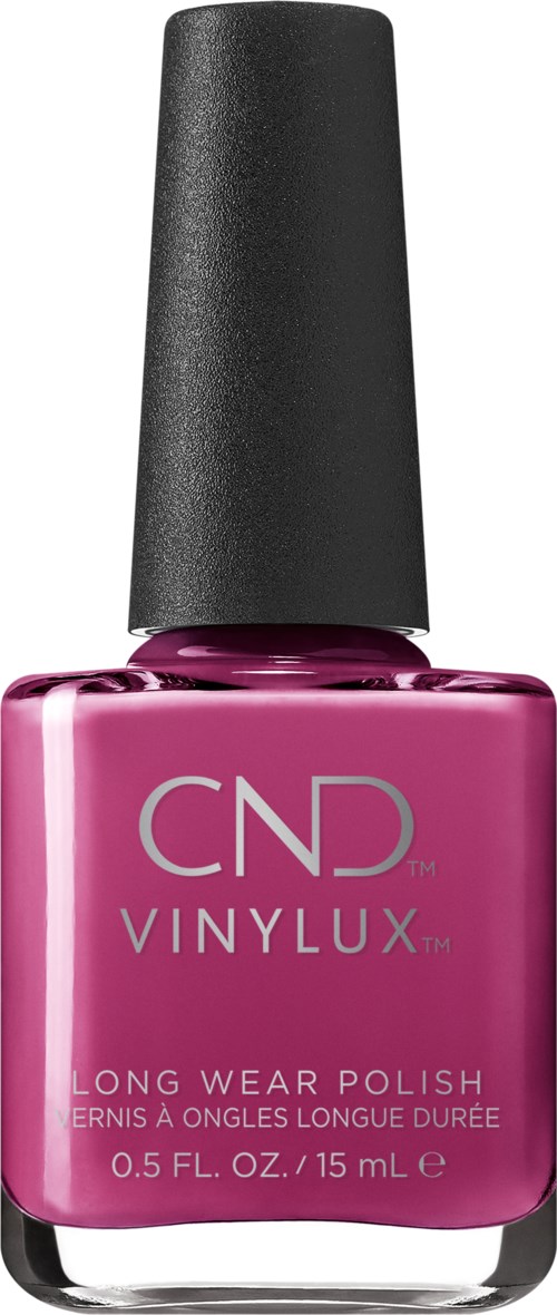 En rosa nagellackflaska med svart lock, märkt CND VINYLUX, lång hållbarhet slipa, 0,5 FL OZ.