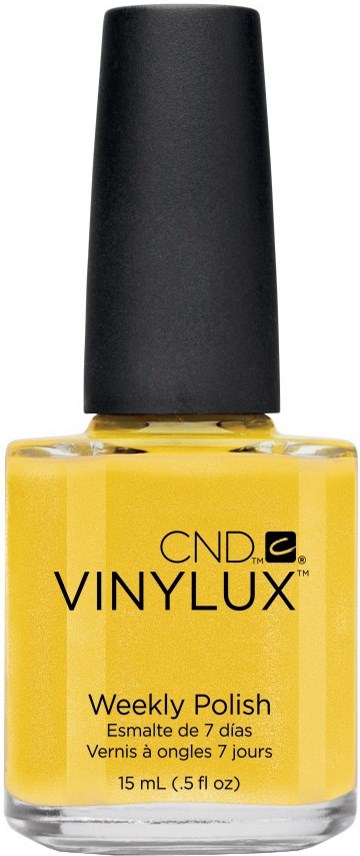 Gul nagellackflaska med svart lock, märkt "VINYLUX Weekly Polish" av CND, 15 mL storlek.