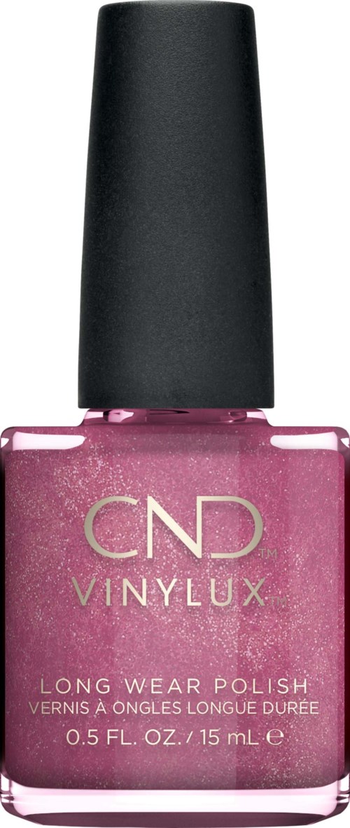 Roze nagellakfles met zwarte dop, gelabeld CND Vinylux Long Wear Polish.